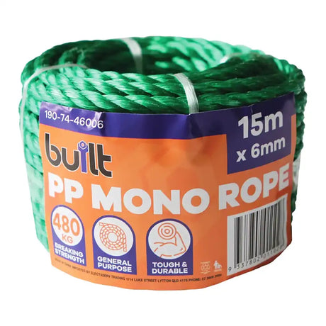 Spool of green PP mono rope with 'built' branding on an orange and purple label.