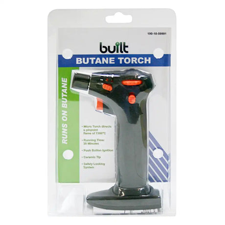 Built brand butane torch in retail blister packaging, featuring a black and gray handheld torch with orange accents on a white, blue, and green card backing.