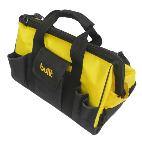 A yellow and black tool bag with multiple utility pockets and top handles, featuring the 'built' brand logo on the front pocket, set against a plain white background.