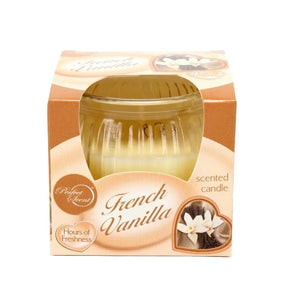 Packaged French Vanilla scented candle with vanilla flower illustration on a white background
