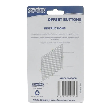 Cowdroy insect screen offset buttons packaging with instructions and product details.