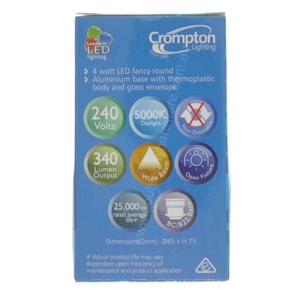 Crompton Fancy Round LED Light Bulb B22 240V 4W D/L Pearl 27432