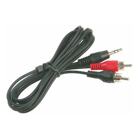Black audio cable with red and white plugs on a white background