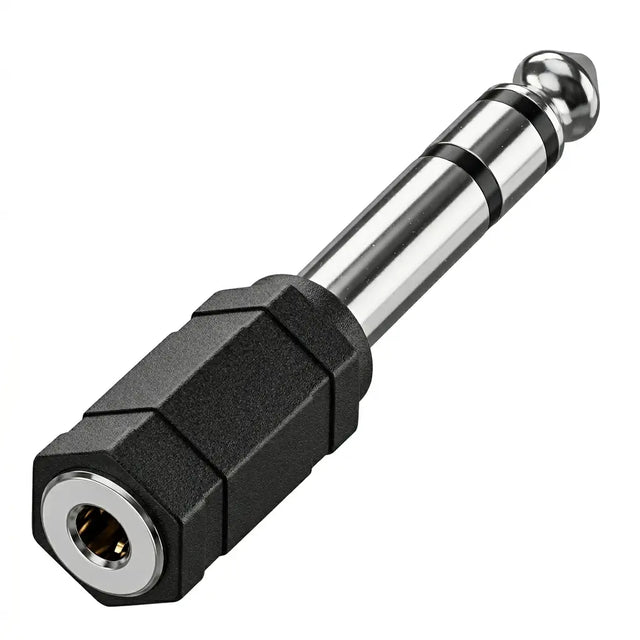 Black and silver audio plug on a white background