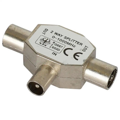 A silver metal 2-way RF splitter with BNC connectors, featuring a white label with black text and certification marks.