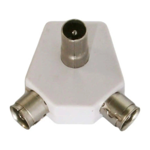 Two-way adapter with coaxial connectors on a white background