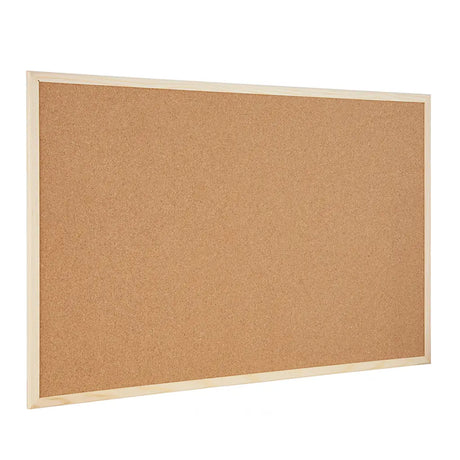 Cork bulletin board with wooden frame on a white background