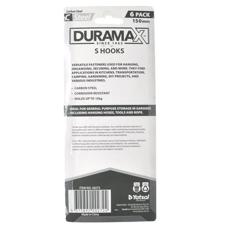 DURAMAX S Hook 150mm Holds 15Kg 6Pcs 20272