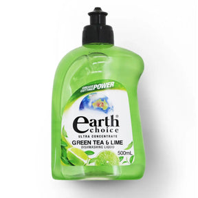 Green bottle of Earth Choice Green Tea & Lime dishwashing liquid on a white background