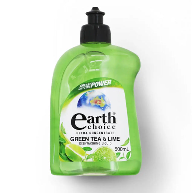 Green bottle of Earth Choice Green Tea & Lime dishwashing liquid on a white background