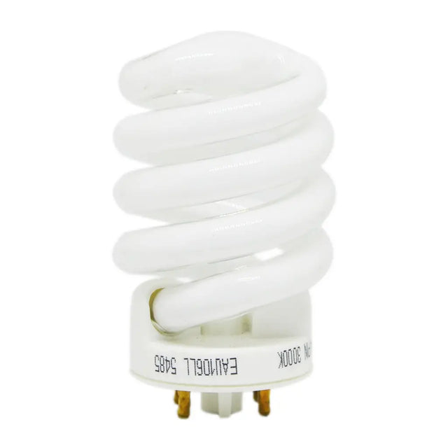 Cylindrical light bulb with spiral design on a white background