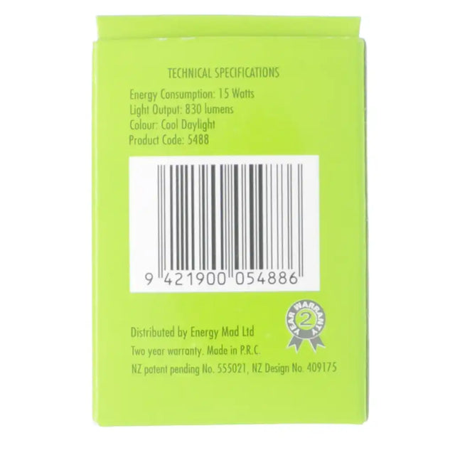 Green packaging with technical specifications and barcode on a white background
