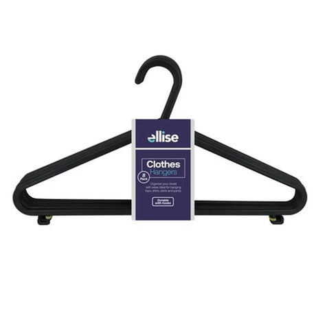 Black hangers with a 'ellise' label on a white background