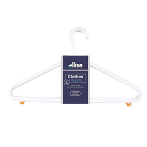 White clothes hangers with a blue 'ellise' packaging label on a white background