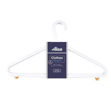 White clothes hangers with a blue 'ellise' packaging label on a white background