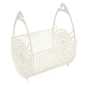 White woven basket with handles on a white background