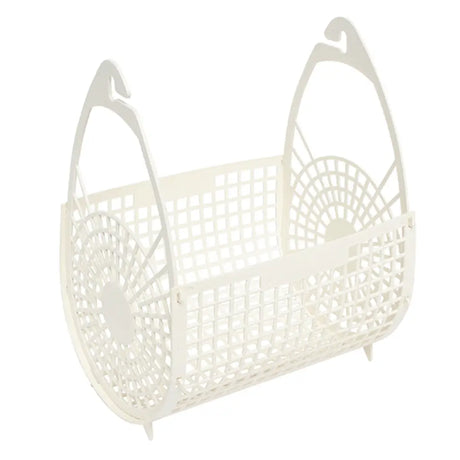 White woven basket with handles on a white background
