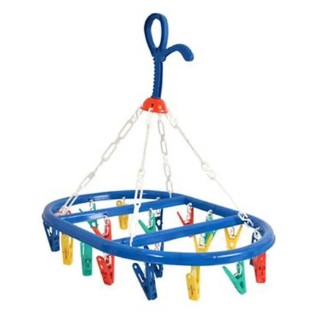 Blue clothespin holder with colorful clips on a white background