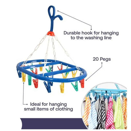 Clothes drying rack with pegs and text highlighting features on a white background