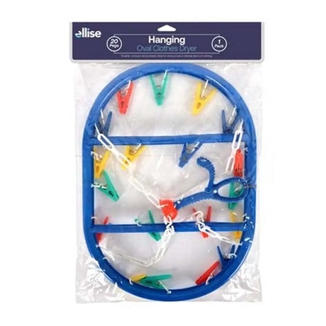 Ellise hanging oval clothes dryer with colorful clips in packaging