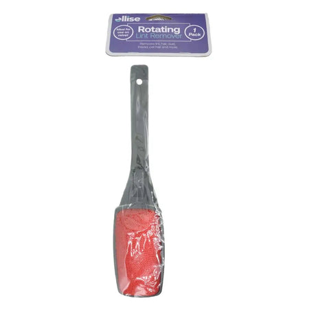 Packaged rotating lint remover with red bristle head on a white background