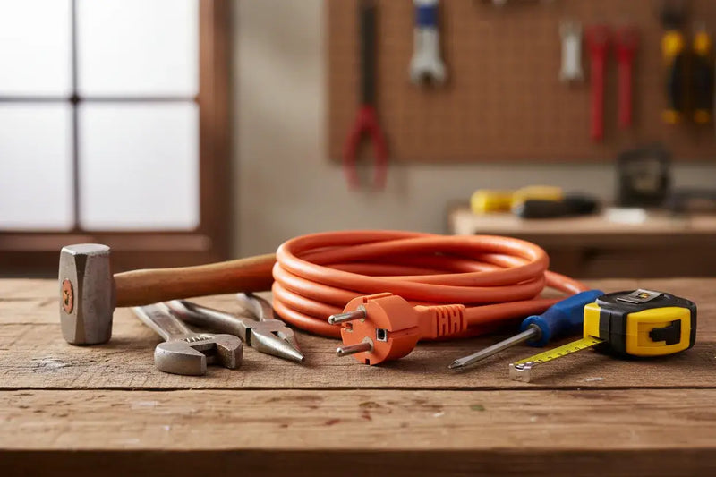Tools including a hammer, pliers, and extension cord on a wooden surface with a workshop background.
