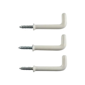 Three white L-shaped hooks with screws on a white background