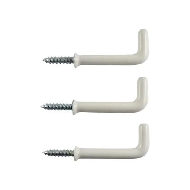 Three white L-shaped hooks with screws on a white background