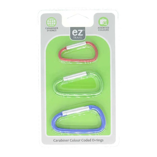 Packaged carabiner D-rings with 'ez' branding on a white background