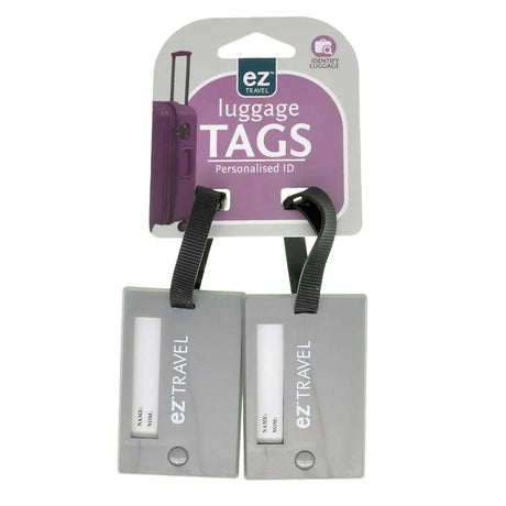 Two ez Travel luggage tags on a white background