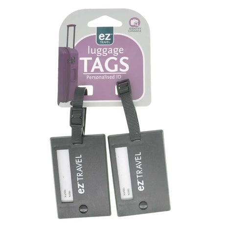 Two gray luggage tags with 'ez travel' branding on a white background