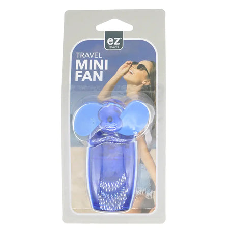 Blue travel mini fan in packaging with 'ez travel' branding