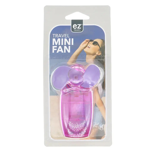 Pink travel mini fan in packaging with 'ez travel' branding