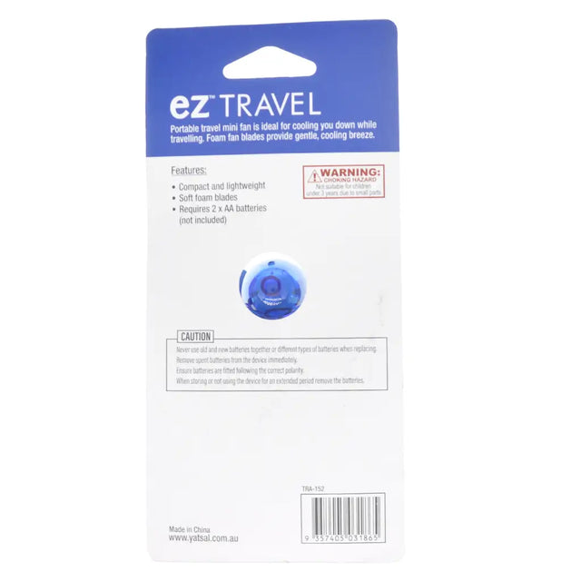 ez Travel portable travel mini fan packaging on a white background