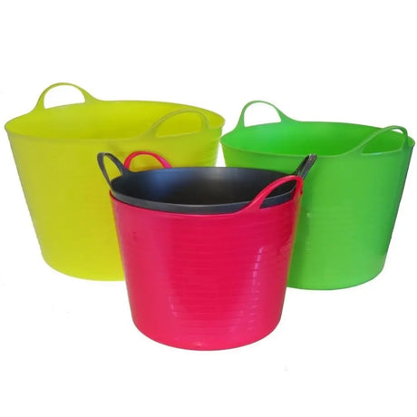 Three colorful buckets (yellow, red, green) on a white background