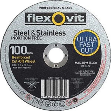 A circular Flexovit 100 mm reinforced cut-off wheel for steel and stainless steel, shown on a plain white background. The wheel features a silver outer ring, a black center label, and yellow and blue accents highlighting its ultra-fast cut capability.