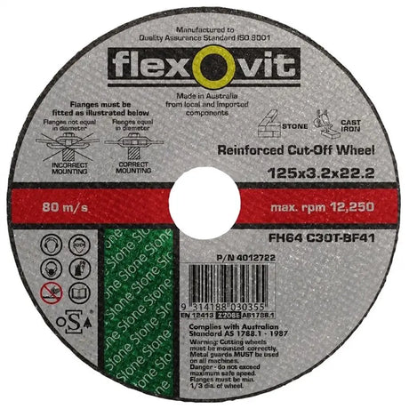 A circular Flexovit reinforced cut-off wheel label showing product details including size 125x3.2x22.