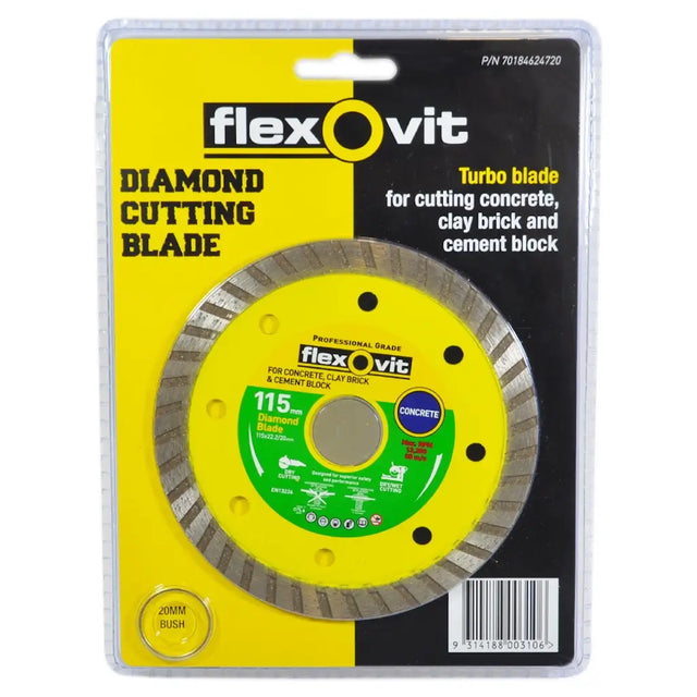A Flexovit diamond cutting blade in its original retail blister packaging. The blade is a 115mm concrete cut-off wheel with a gray diamond-encrusted rim and a green and yellow center, mounted on a black and yellow cardboard backing card.