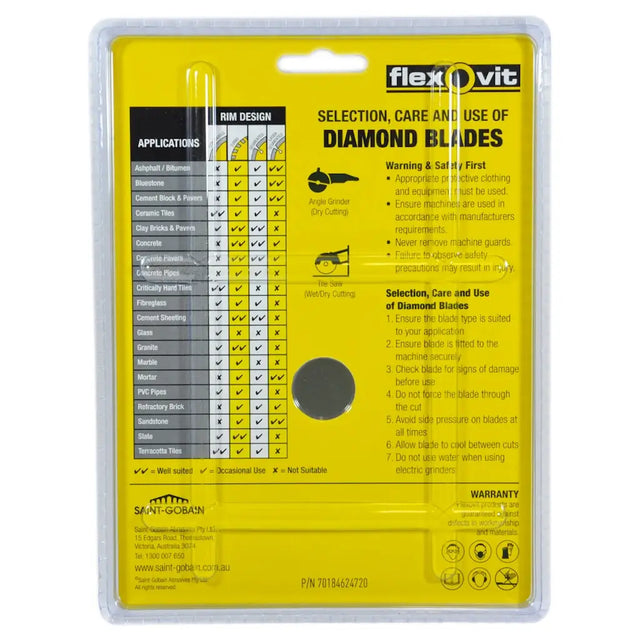 A FlexoVit diamond blade application and care card inside a clear plastic blister pack, featuring a bright yellow background with black text and a central circular cutout.