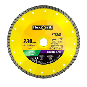 A 230 mm Flexovit Pro Diamond Blade circular saw cut-off disc, featuring a bright yellow abrasive body with a dark gray diamond-patterned rim and a detailed center label.