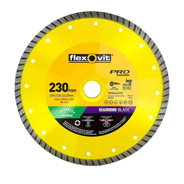 A 230 mm Flexovit Pro Diamond Blade circular saw cut-off disc, featuring a bright yellow abrasive body with a dark gray diamond-patterned rim and a detailed center label.