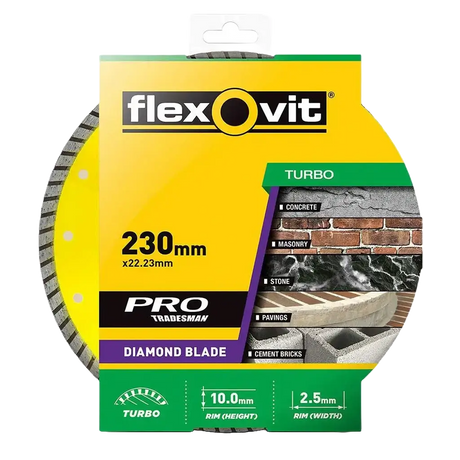A Flexovit Turbo diamond blade for tradesmen, 230mm in diameter, shown in its original yellow, green, and black retail packaging against a white background.