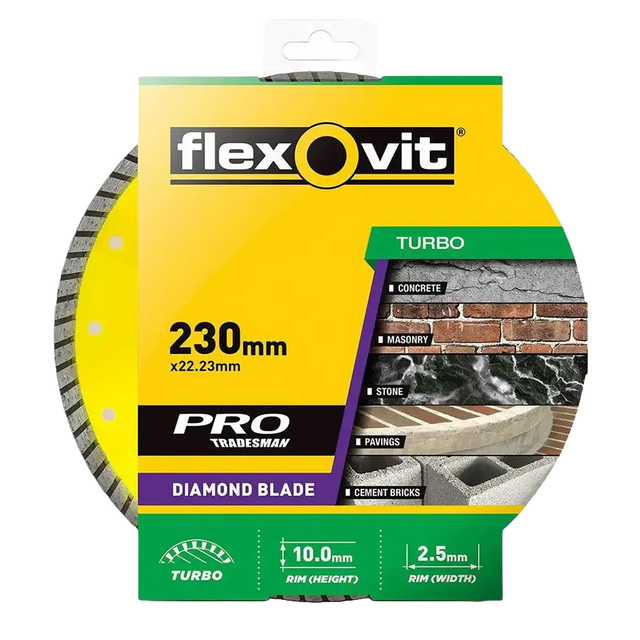 A Flexovit Turbo diamond blade for tradesmen, 230mm in diameter, shown in its original yellow, green, and black retail packaging against a white background.