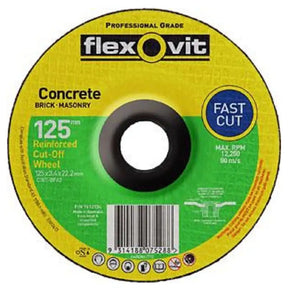 Flexovit concrete cut-off wheel with yellow and green design on a white background