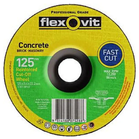 Flexovit concrete cut-off wheel with yellow and green design on a white background