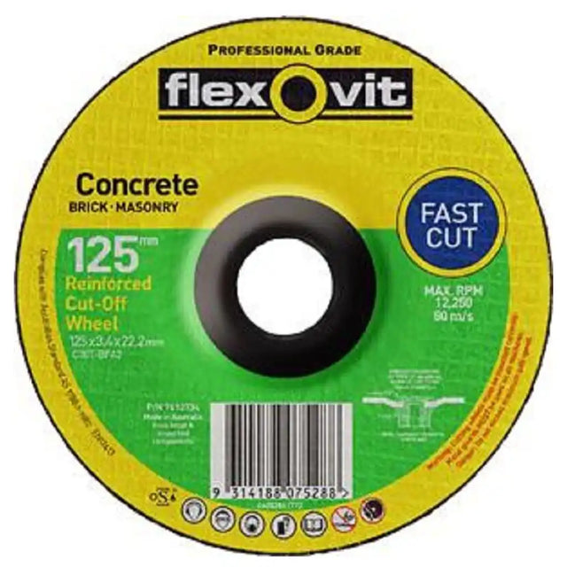 Flexovit concrete cut-off wheel with yellow and green design on a white background