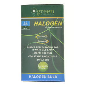 green Australia GLS Halogen Light Bulb B22 240V 52W Clear LP/BC52W