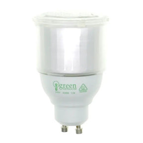 CFL light bulb with 'green' branding on a white background