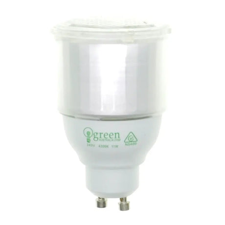 CFL light bulb with 'green' branding on a white background