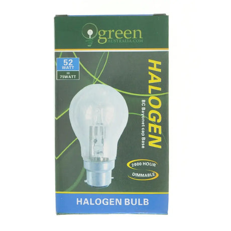 Packaged halogen bulb with green and blue design on a white background